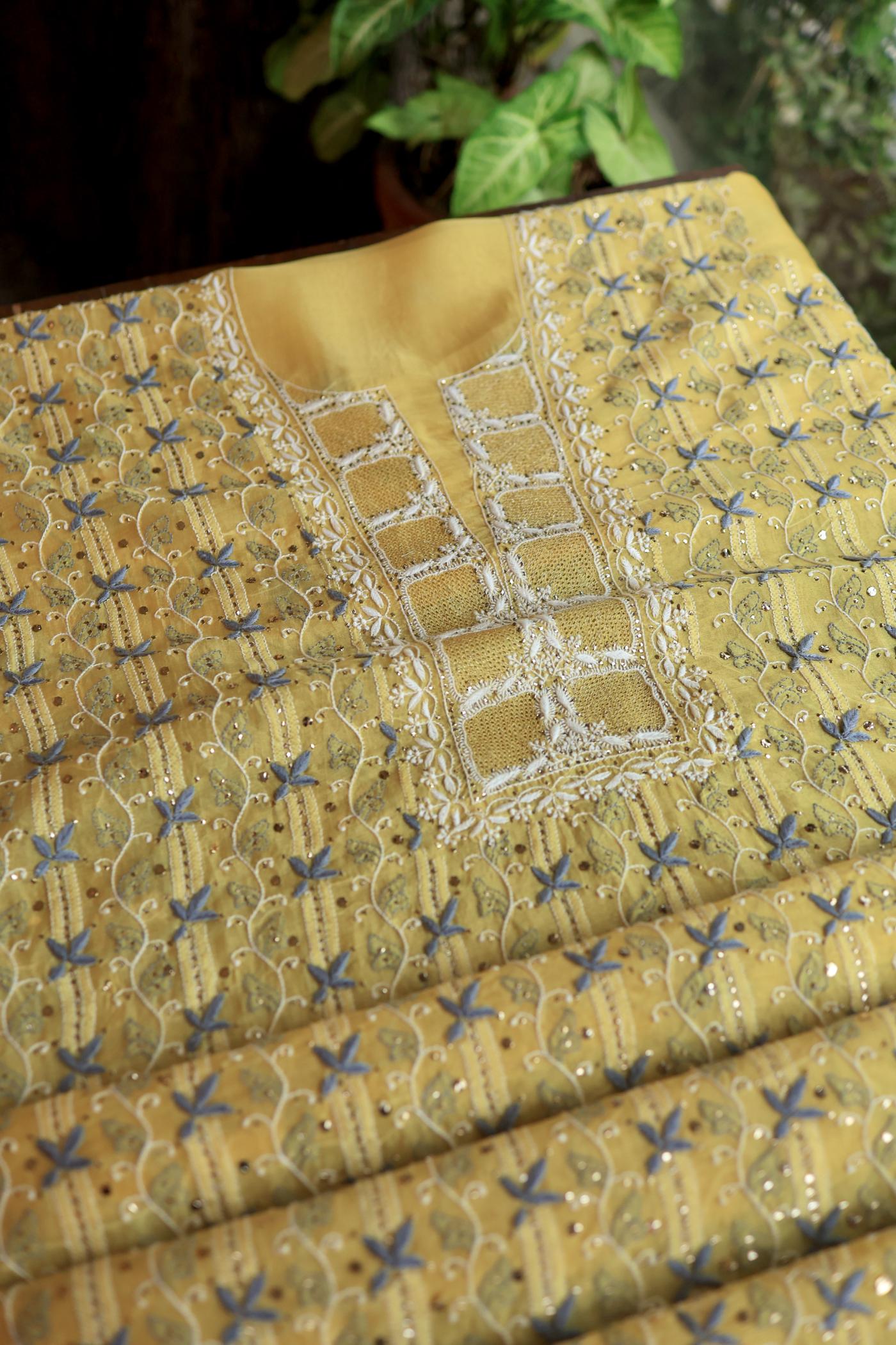 Yellow & Grey Noor Organza Silk Chikankari With Kamdani Fabric