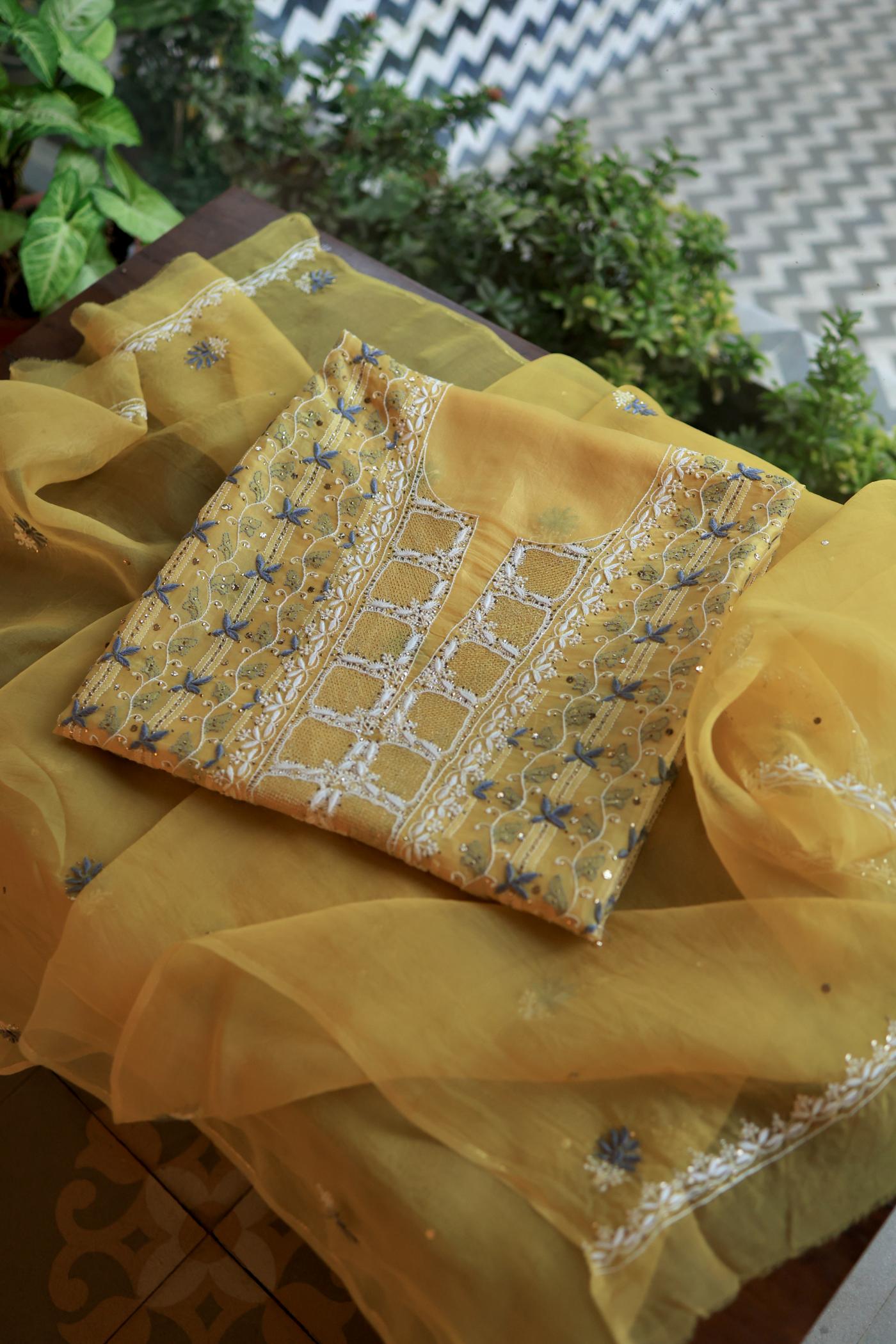 Yellow & Grey Noor Organza Silk Chikankari With Kamdani Fabric