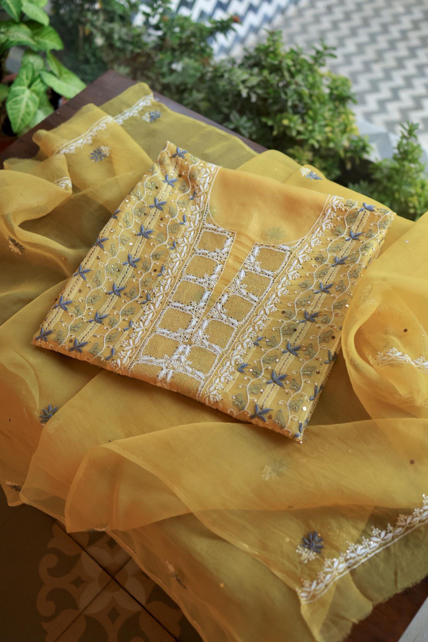 Yellow & Grey Noor Organza Silk Chikankari With Kamdani Fabric