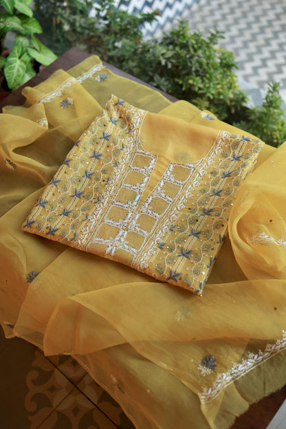 Yellow & Grey Noor Organza Silk Chikankari With Kamdani Fabric