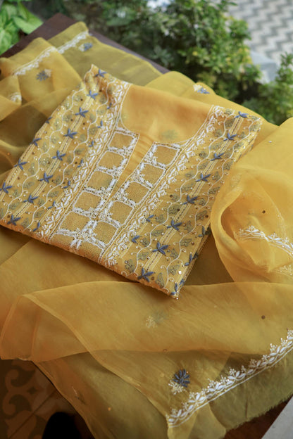 Yellow & Grey Noor Organza Silk Chikankari With Kamdani Fabric