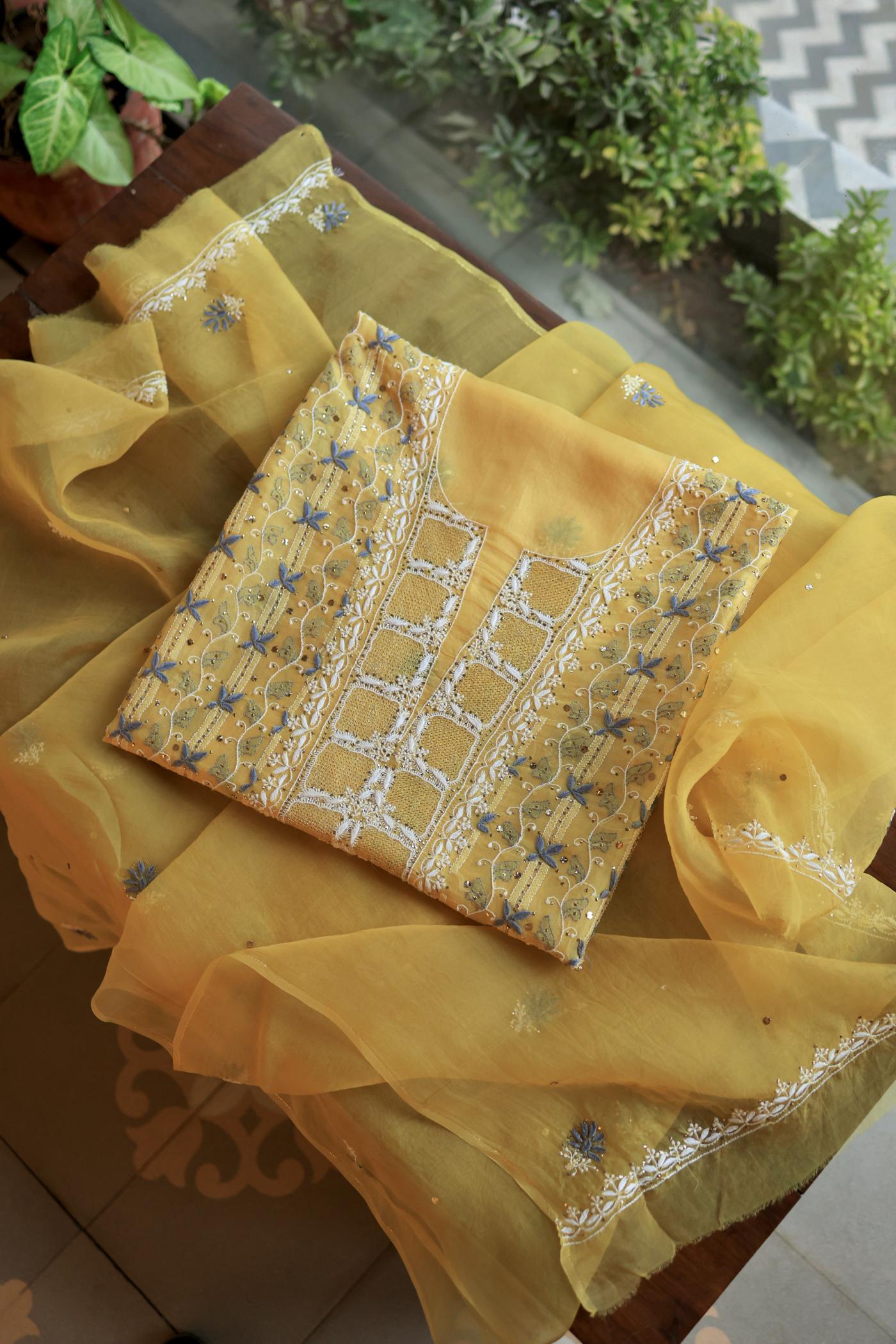 Yellow & Grey Noor Organza Silk Chikankari With Kamdani Fabric