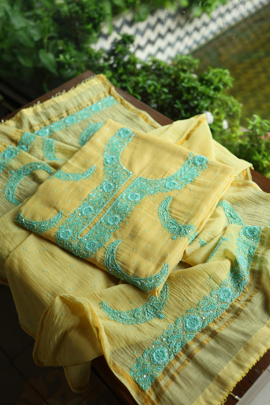Yellow & Sea Green Shade Crescent Chandbala Chikankari Unstitched Fabric