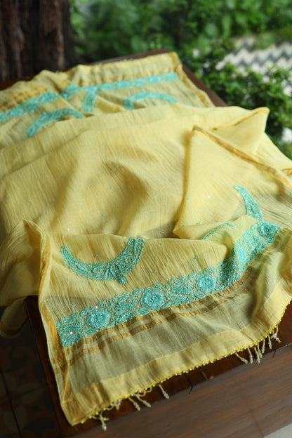 Yellow & Sea Green Shade Crescent Chandbala Chikankari Unstitched Fabric