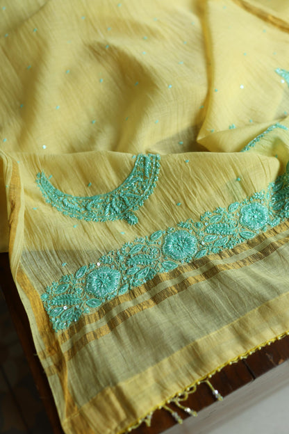 Yellow & Sea Green Shade Crescent Chandbala Chikankari Unstitched Fabric