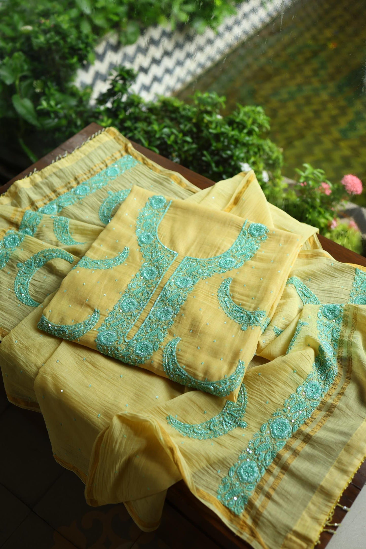 Yellow & Sea Green Shade Crescent Chandbala Chikankari Unstitched Fabric