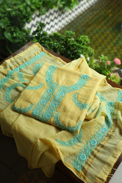 Yellow & Sea Green Shade Crescent Chandbala Chikankari Unstitched Fabric