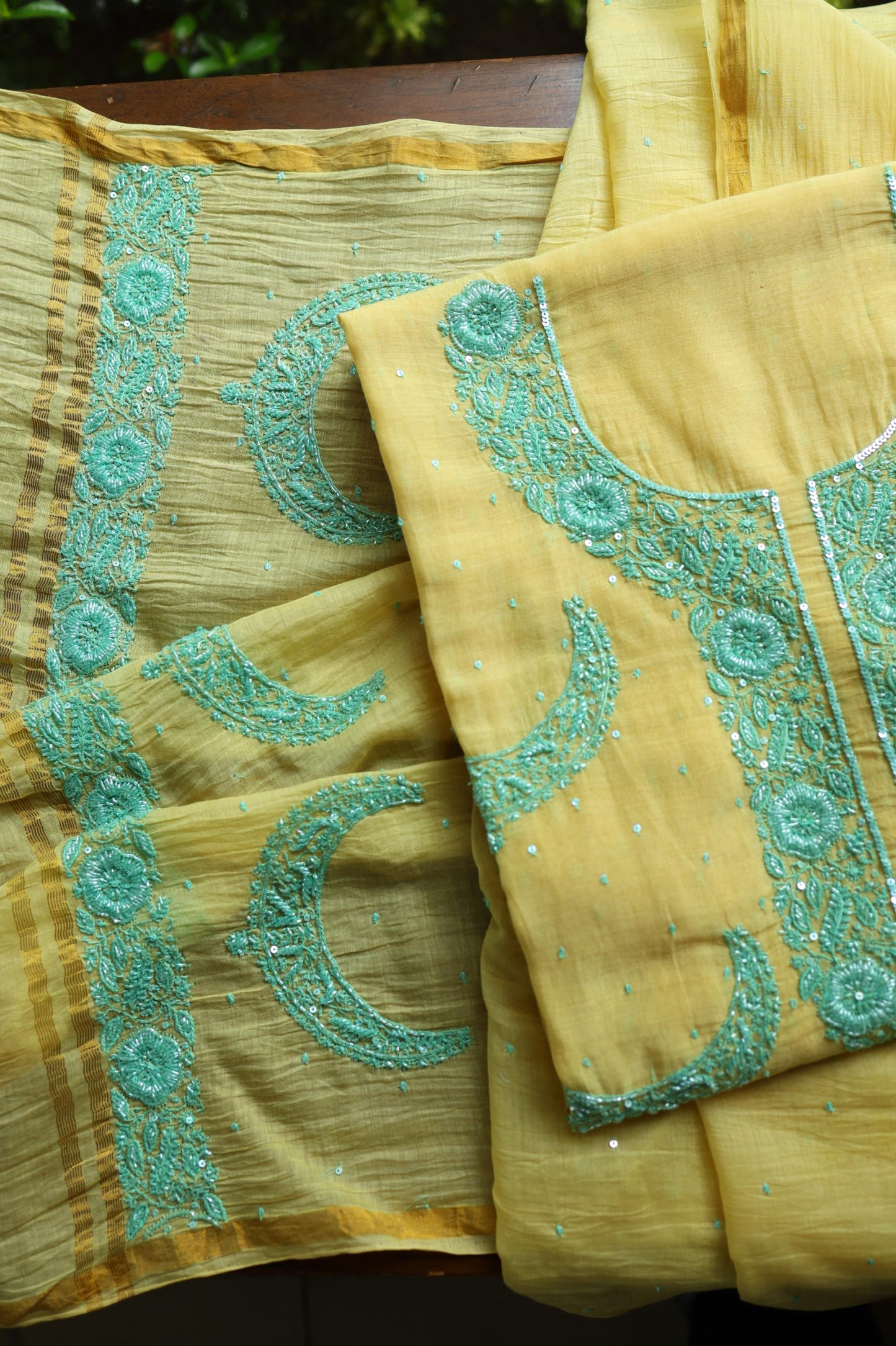 Yellow & Sea Green Shade Crescent Chandbala Chikankari Unstitched Fabric