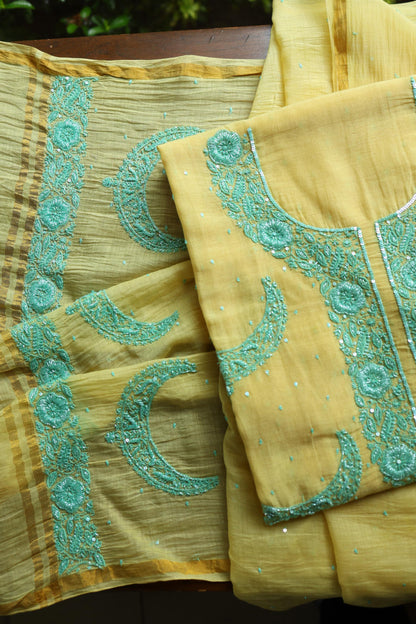 Yellow & Sea Green Shade Crescent Chandbala Chikankari Unstitched Fabric