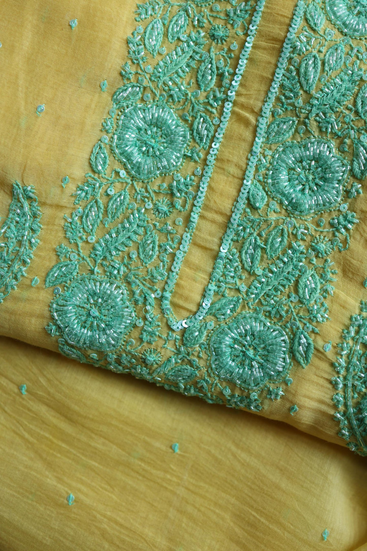 Yellow & Sea Green Shade Crescent Chandbala Chikankari Unstitched Fabric