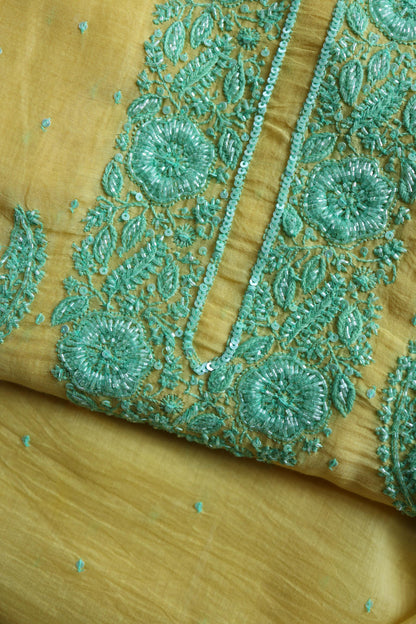 Yellow & Sea Green Shade Crescent Chandbala Chikankari Unstitched Fabric