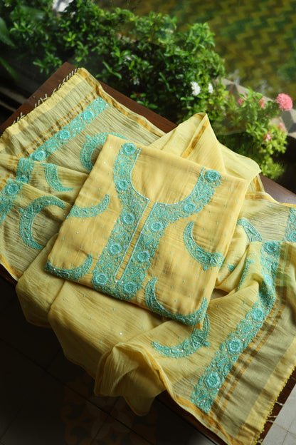 Yellow & Sea Green Shade Crescent Chandbala Chikankari Unstitched Fabric