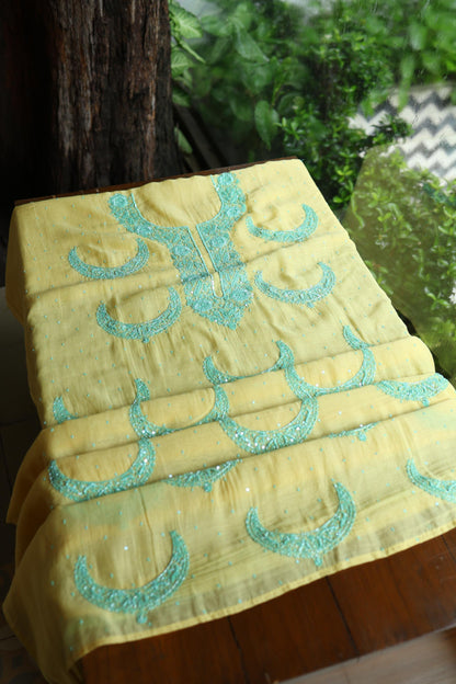 Yellow & Sea Green Shade Crescent Chandbala Chikankari Unstitched Fabric