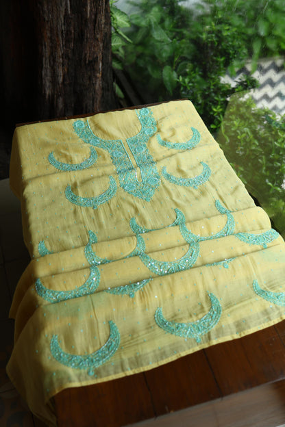 Yellow & Sea Green Shade Crescent Chandbala Chikankari Unstitched Fabric