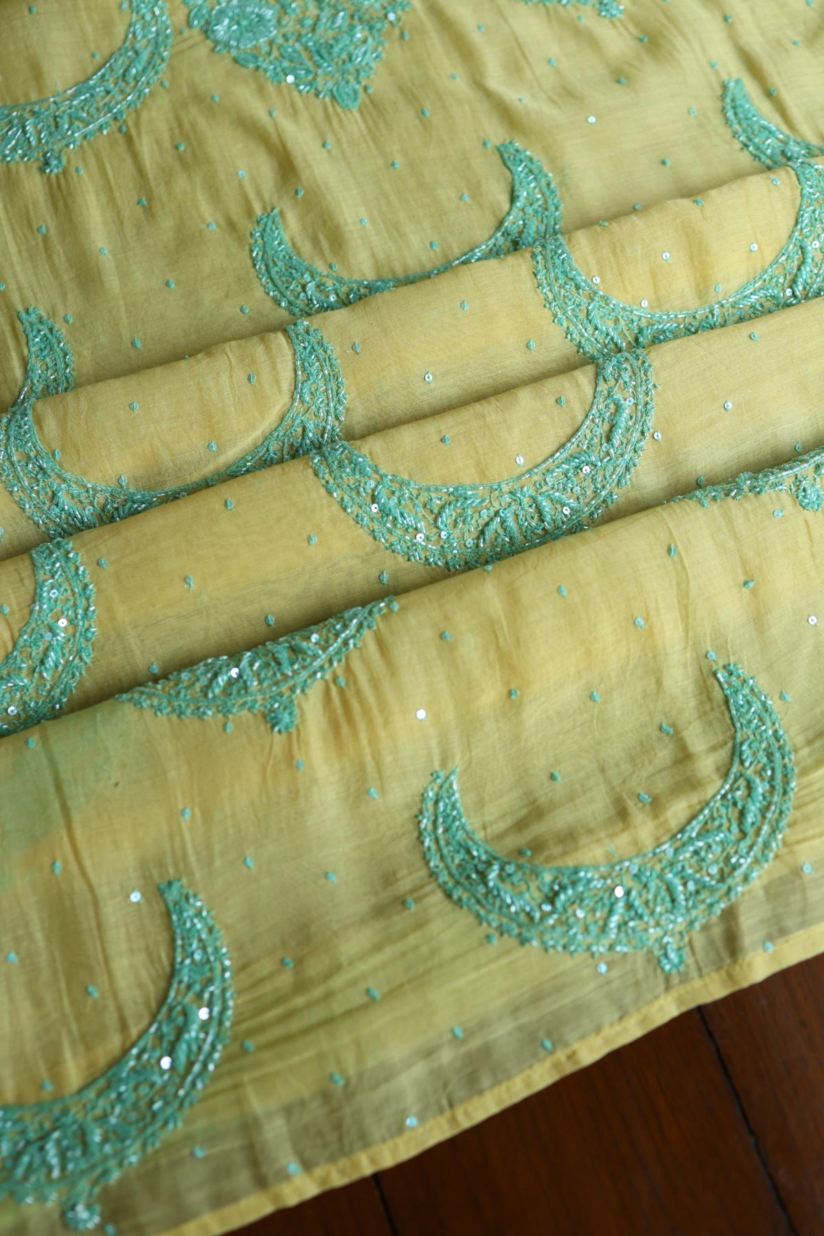 Yellow & Sea Green Shade Crescent Chandbala Chikankari Unstitched Fabric