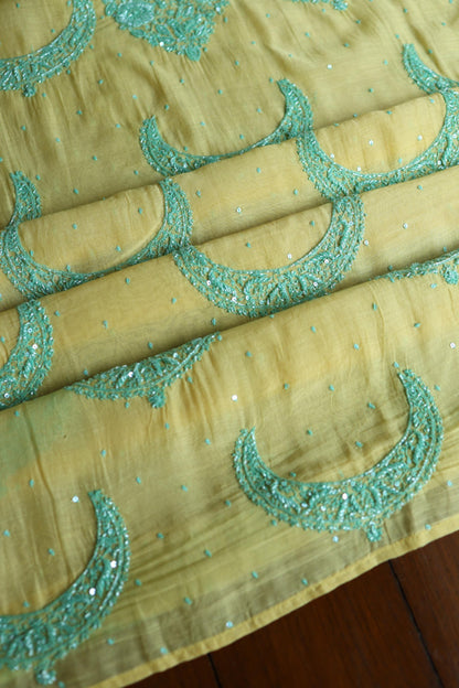 Yellow & Sea Green Shade Crescent Chandbala Chikankari Unstitched Fabric