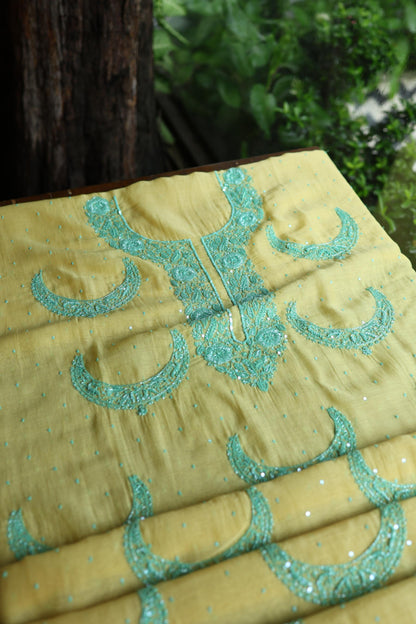 Yellow & Sea Green Shade Crescent Chandbala Chikankari Unstitched Fabric