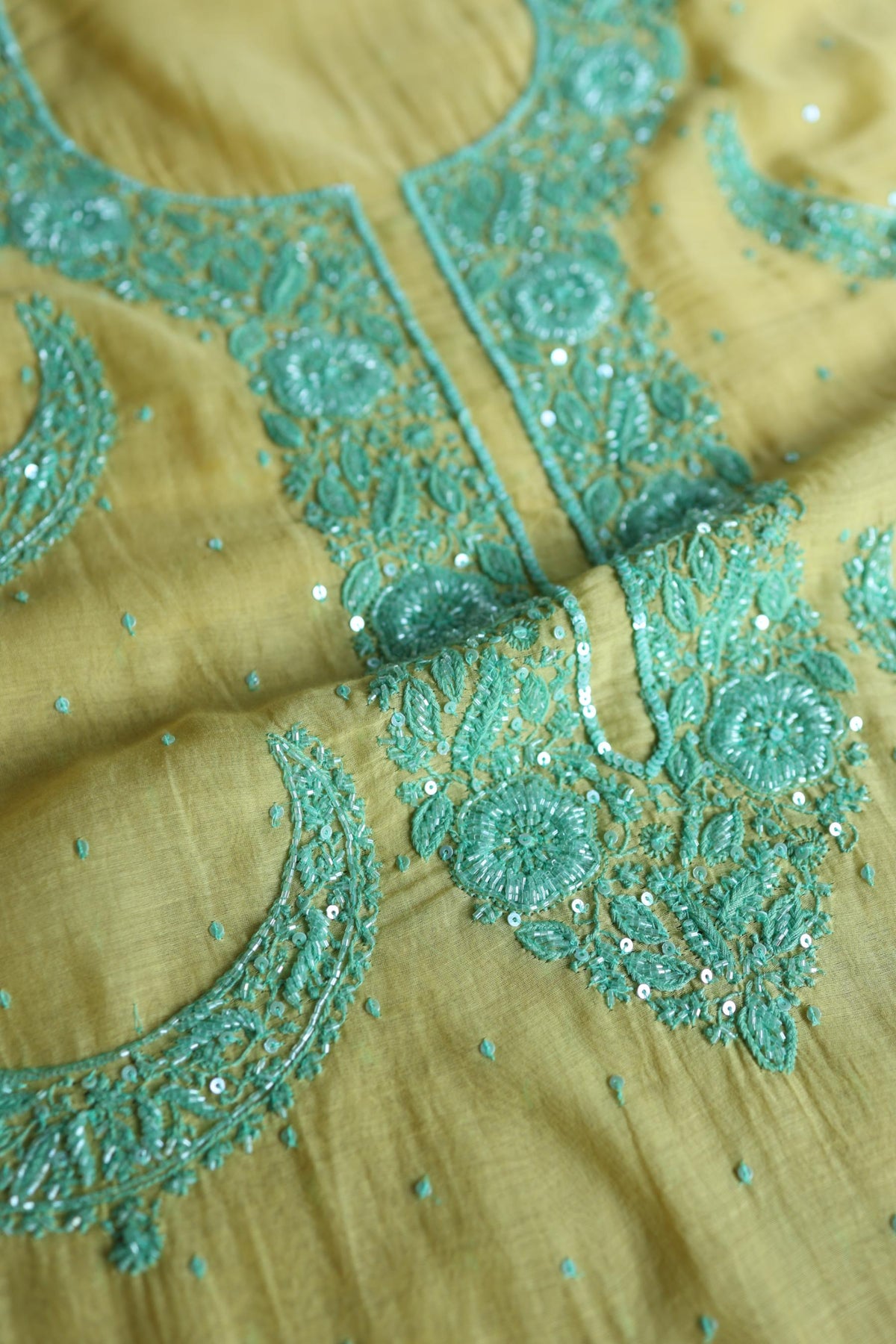 Yellow & Sea Green Shade Crescent Chandbala Chikankari Unstitched Fabric