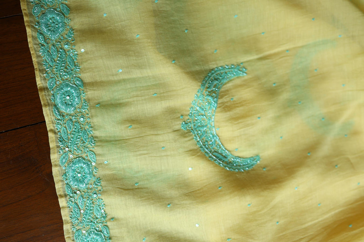 Yellow & Sea Green Shade Crescent Chandbala Chikankari Unstitched Fabric
