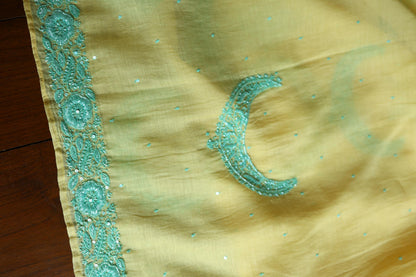 Yellow & Sea Green Shade Crescent Chandbala Chikankari Unstitched Fabric