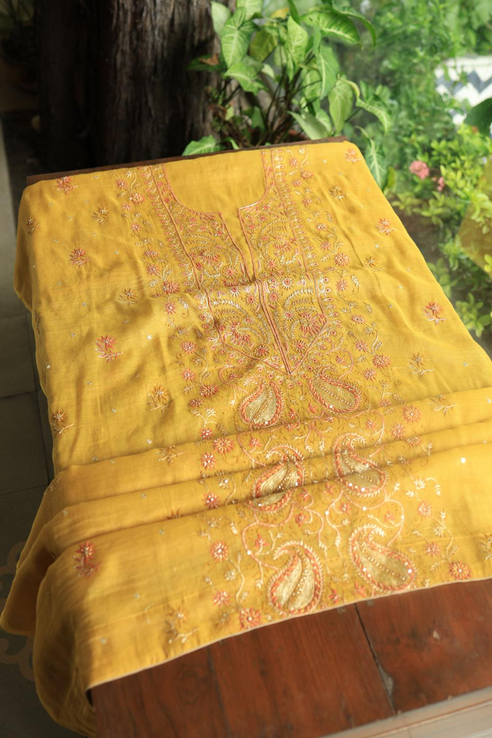 Yellow Tissue Silk Chikankari Unstitched Fabric
