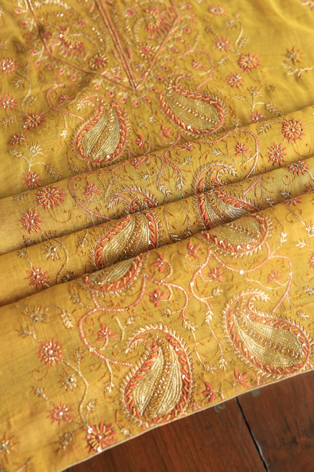 Yellow Tissue Silk Chikankari Unstitched Fabric