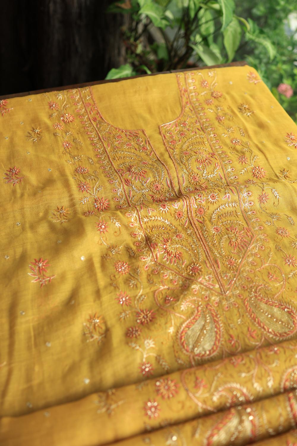 Yellow Tissue Silk Chikankari Unstitched Fabric