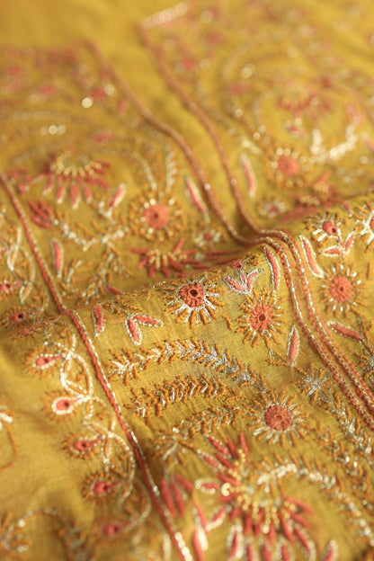 Yellow Tissue Silk Chikankari Unstitched Fabric