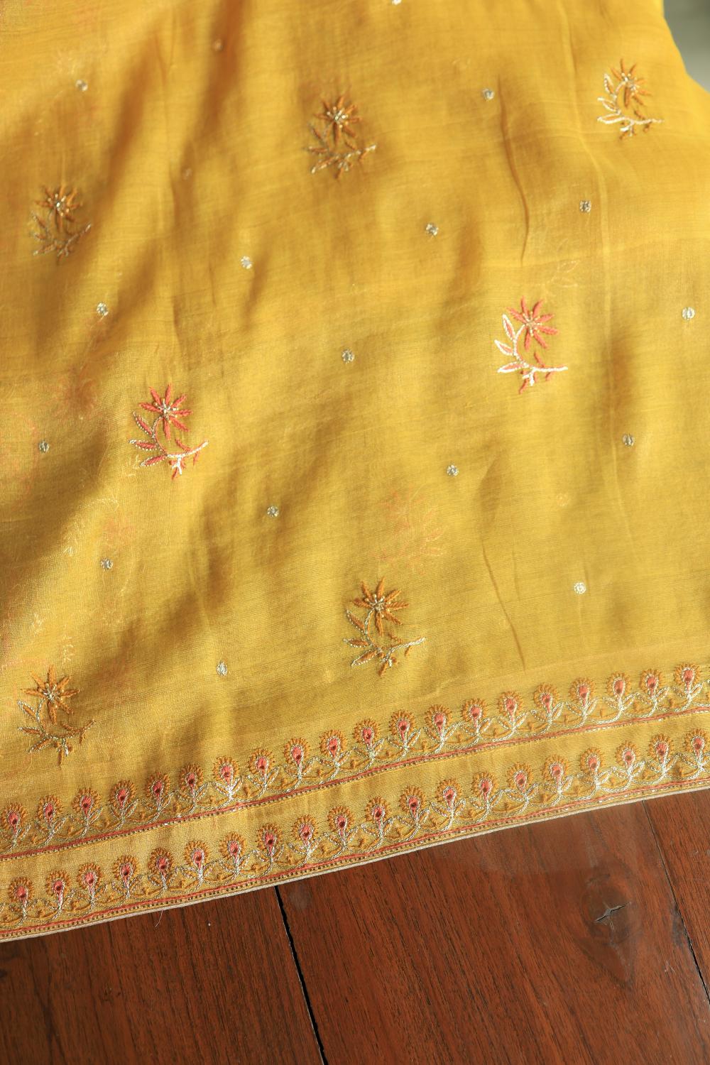 Yellow Tissue Silk Chikankari Unstitched Fabric