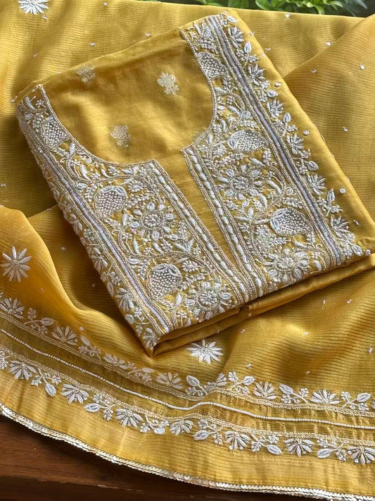 Yellow Banarasi Zari Chanderi Unstitched Chikankari Fabrics