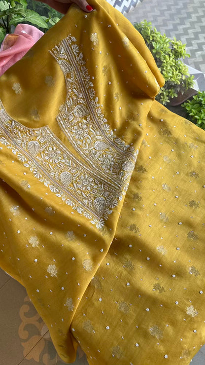 Yellow Banarasi Zari Chanderi Unstitched Chikankari Fabrics