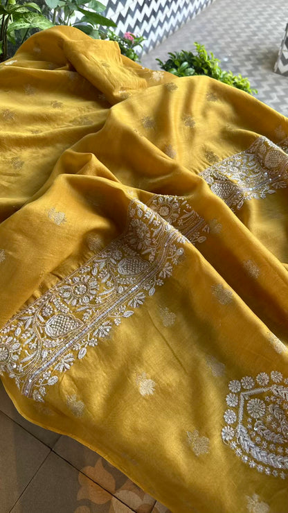 Yellow Banarasi Zari Chanderi Unstitched Chikankari Fabrics
