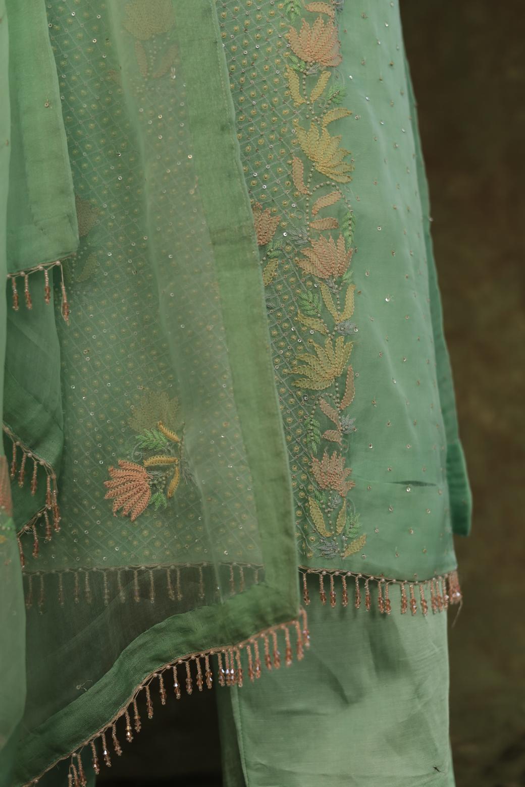 Sea Green Noor Organza Silk Zardosi Work Fine Resham Chikankari Kurta Set