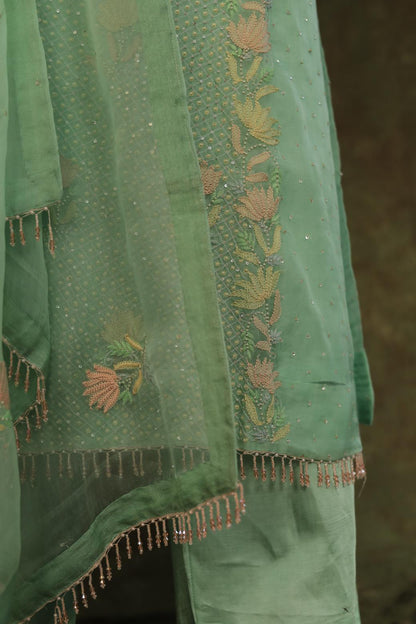 Sea Green Noor Organza Silk Zardosi Work Fine Resham Chikankari Kurta Set