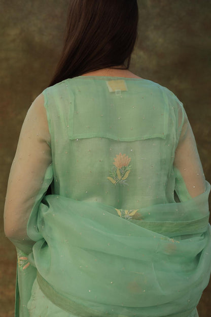 Sea Green Noor Organza Silk Zardosi Work Fine Resham Chikankari Kurta Set