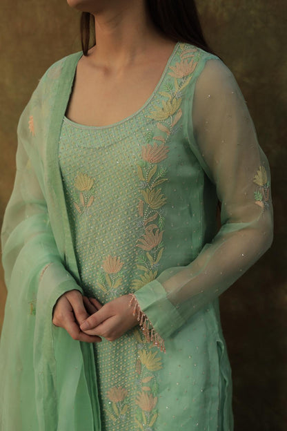 Sea Green Noor Organza Silk Zardosi Work Fine Resham Chikankari Kurta Set