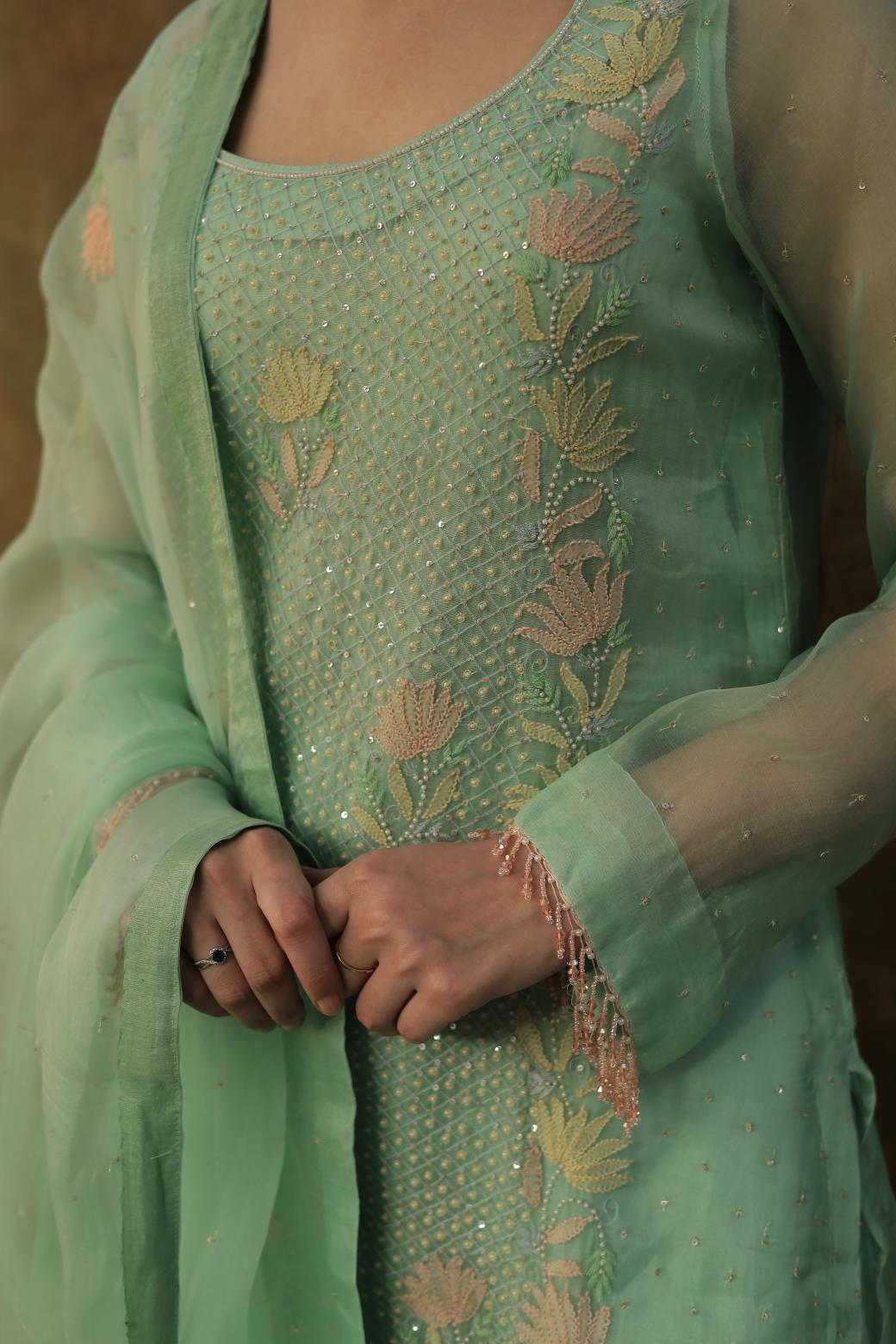 Sea Green Noor Organza Silk Zardosi Work Fine Resham Chikankari Kurta Set