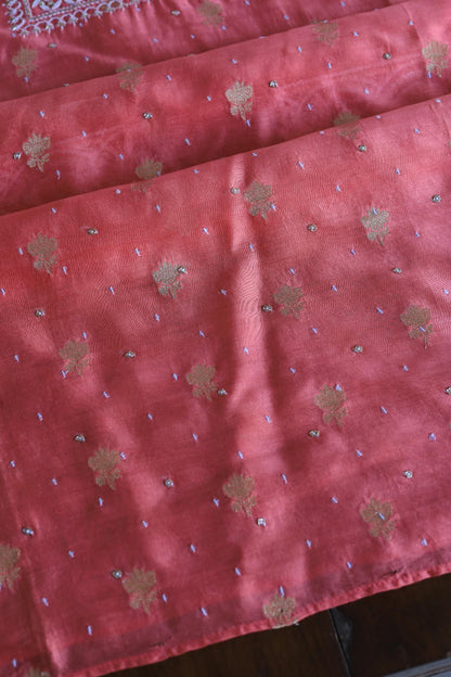 Carrot Pink Banarasi Zari Chanderi Unstitched Chikankari Fabrics