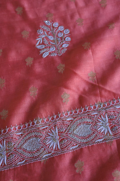 Carrot Pink Banarasi Zari Chanderi Unstitched Chikankari Fabrics