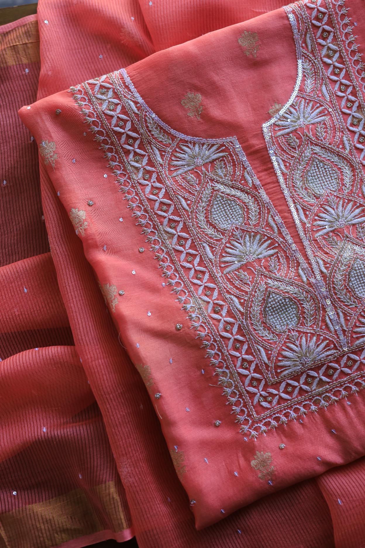 Carrot Pink Banarasi Zari Chanderi Unstitched Chikankari Fabrics