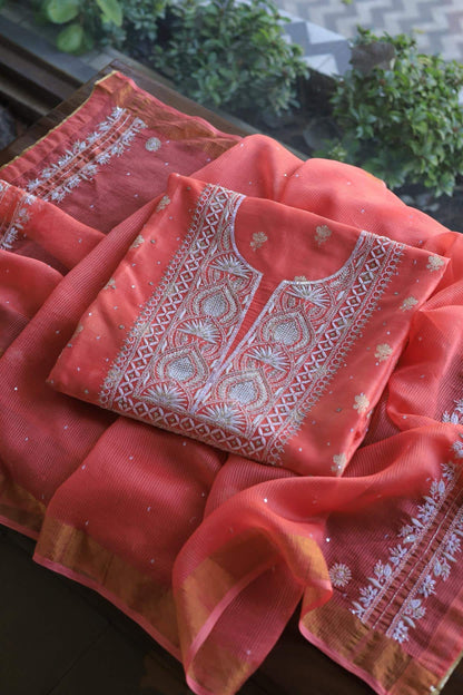 Carrot Pink Banarasi Zari Chanderi Unstitched Chikankari Fabrics