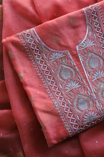 Carrot Pink Banarasi Zari Chanderi Unstitched Chikankari Fabrics