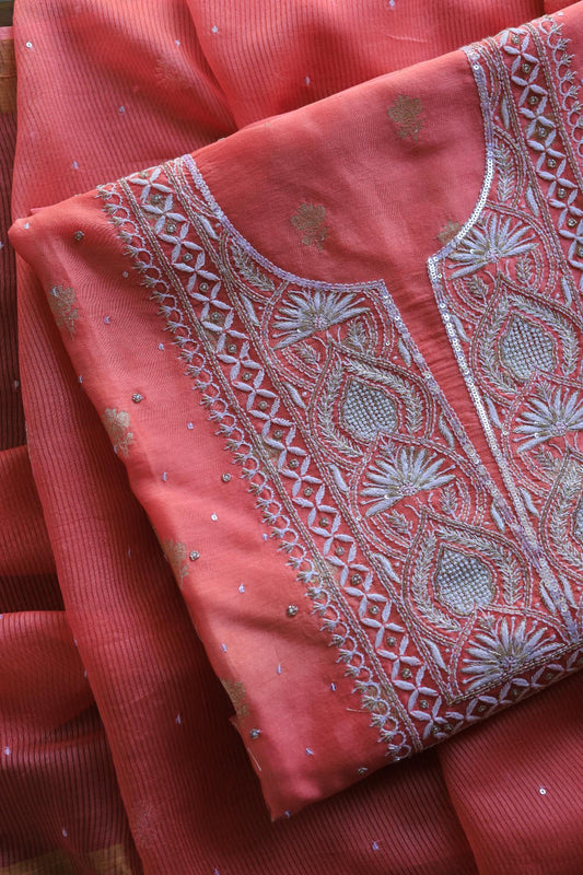 Carrot Pink Banarasi Zari Chanderi Unstitched Chikankari Fabrics