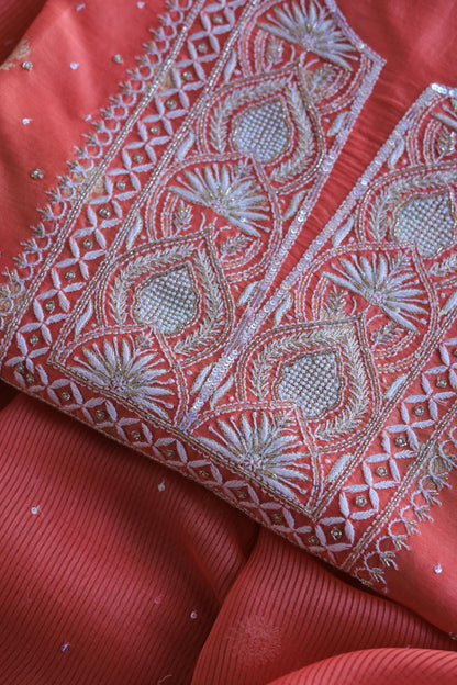 Carrot Pink Banarasi Zari Chanderi Unstitched Chikankari Fabrics