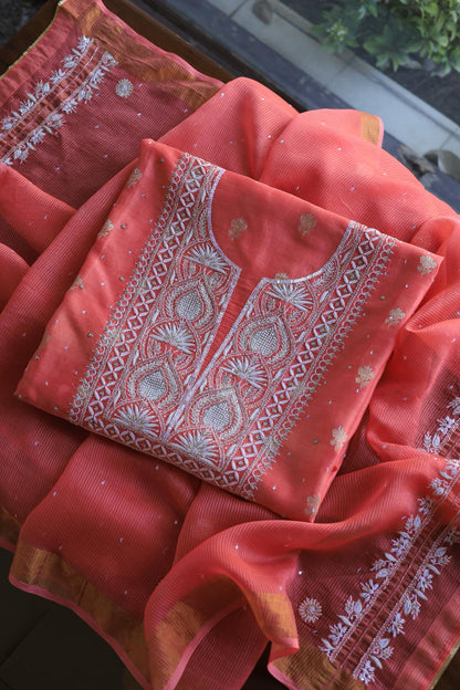 Carrot Pink Banarasi Zari Chanderi Unstitched Chikankari Fabrics