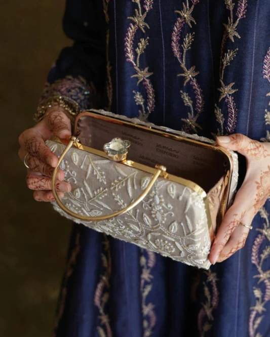 Grey Floral Motif Chikankari Linen Handle Sling Clutch