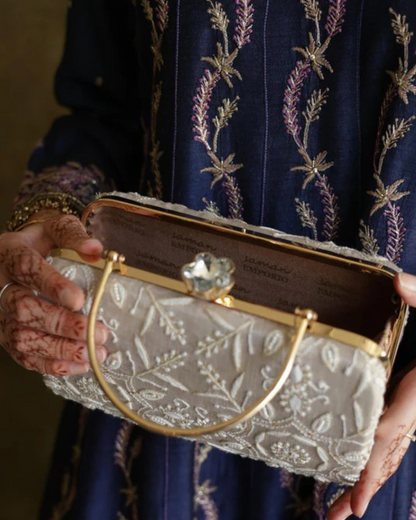 Grey Floral Motif Chikankari Linen Handle Sling Clutch