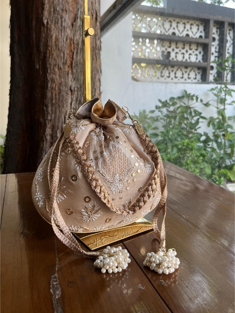 Peach Shade Raw Silk Chikankari Polti Bag