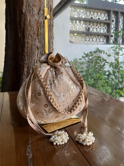 Peach Shade Raw Silk Chikankari Polti Bag