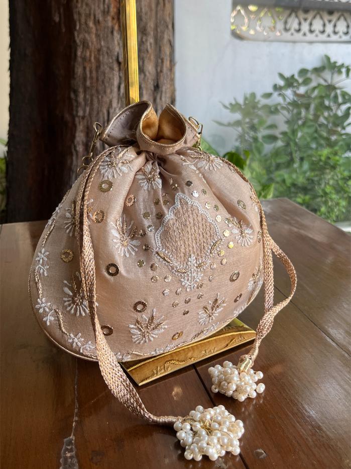 Peach Shade Raw Silk Chikankari Polti Bag